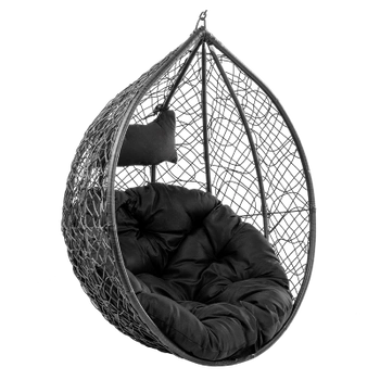 FOTEL OGRODOWY WISZĄCY KOKON DUŻY KOSZ KORFU CZARNY BEZ PODSTAWY PODUSZKA OKRĄGŁA CZARNA