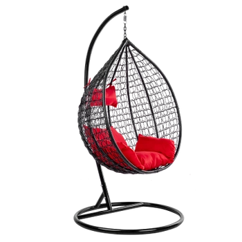FOTEL OGRODOWY WISZĄCY KOKON DUŻY KOSZ ITAKA CZARNY Z PODSTAWĄ PODUSZKA CZERWONA