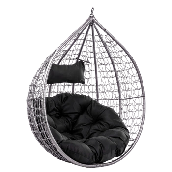 FOTEL OGRODOWY WISZĄCY KOKON DUŻY KOSZ ITAKA SZARY BEZ PODSTAWY PODUSZKA OKRĄGŁA CZARNA