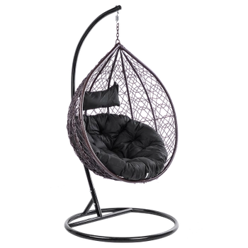 FOTEL OGRODOWY WISZĄCY KOKON DUŻY KOSZ KORFU BRĄZOWY Z PODSTAWĄ PODUSZKA OKRĄGŁA CZARNA