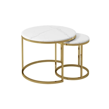 STOLIKI KAWOWE ARIS OKRĄGŁE STOLIK KAWOWY ZŁOTY BIAŁY MARMUR ZESTAW 2 STOLIKÓW