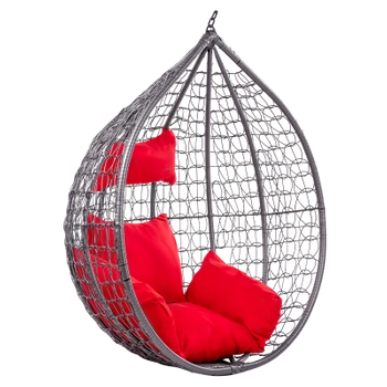 FOTEL OGRODOWY WISZĄCY KOKON DUŻY KOSZ ITAKA SZARY BEZ PODSTAWY PODUSZKA CZERWONA