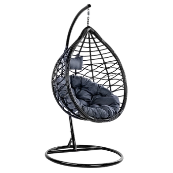 FOTEL OGRODOWY WISZĄCY KOKON DUŻY KOSZ VEGAS CZARNY Z PODSTAWĄ PODUSZKA OKRĄGŁA SZARA