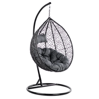 FOTEL OGRODOWY WISZĄCY KOKON DUŻY KOSZ KORFU CZARNY Z PODSTAWĄ PODUSZKA OKRĄGŁA SZARA